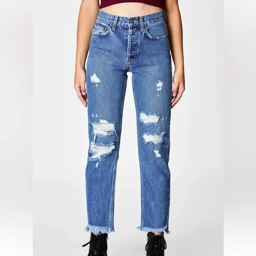 Carmar Emelia ripped distressed crop jeans high rise straight leg denim size 26